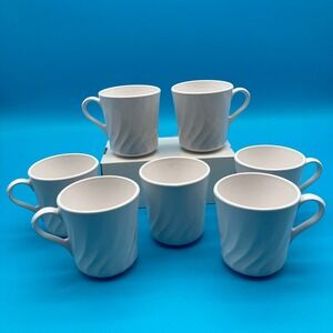 Vintage Corning Ware Enhancements White Swirl Mugs Set of 7 - Made in USA